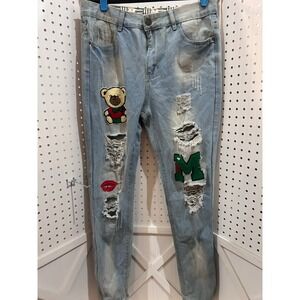 Light Wash Distressed Denim Jeans with Teddy Bear M and Lips Patches